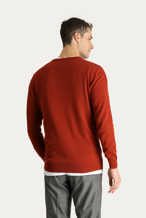 Tile-colored V-neck Regular Fit Cotton Knit Sweater