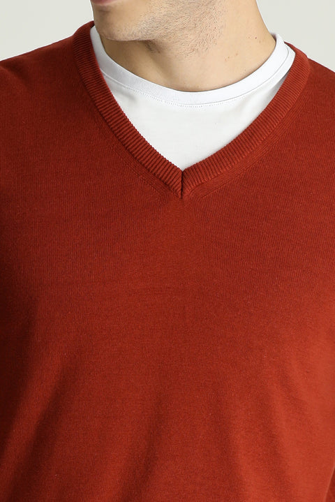 Tile-colored V-neck Regular Fit Cotton Knit Sweater