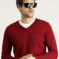 Dark Red V-Neck Regular Fit Cotton Knit Sweater