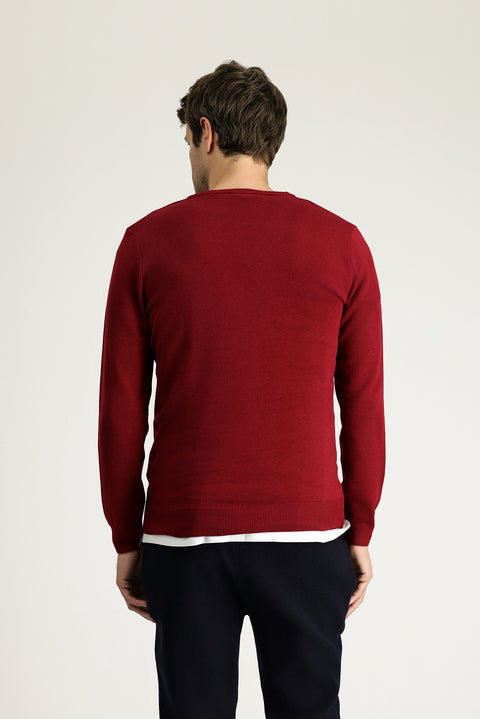 Dark Red V-Neck Regular Fit Cotton Knit Sweater
