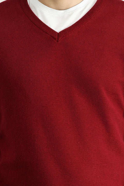 Dark Red V-Neck Regular Fit Cotton Knit Sweater