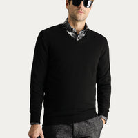 Black V-Neck Slim Fit Narrow Cut Cotton Knit Sweater
