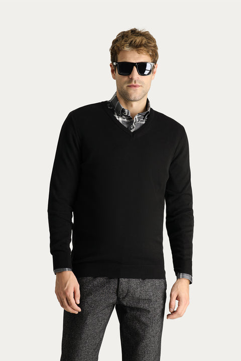 Black V-Neck Slim Fit Narrow Cut Cotton Knit Sweater