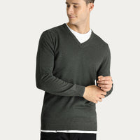 Dark Anthracite Melange V-Neck Slim Fit Cotton Knit Sweater