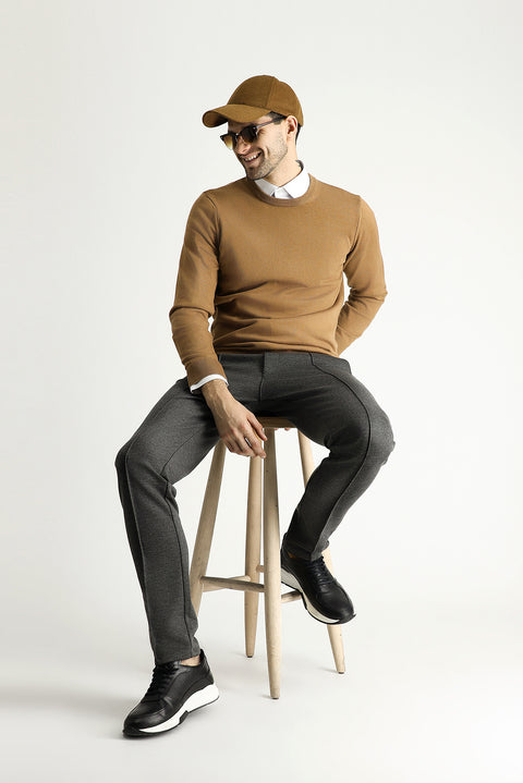 Camel Crew Neck Regular Fit Cotton Knit Sweater