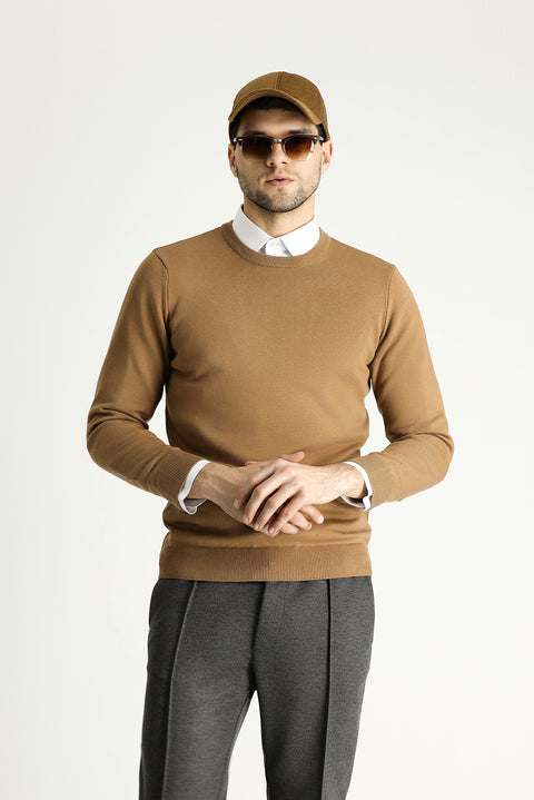 Camel Crew Neck Regular Fit Cotton Knit Sweater
