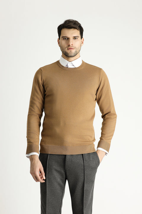 Camel Crew Neck Regular Fit Cotton Knit Sweater