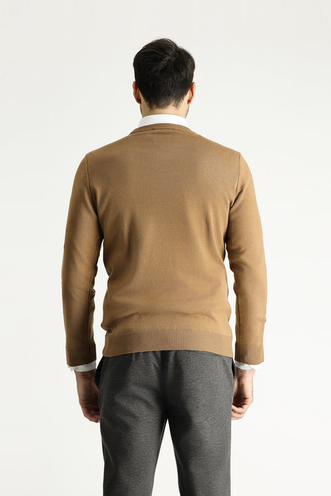 Camel Crew Neck Regular Fit Cotton Knit Sweater
