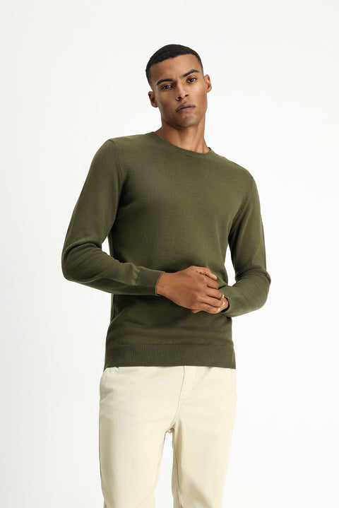 Medium Khaki Crew Neck Regular Fit Cotton Knit Sweater