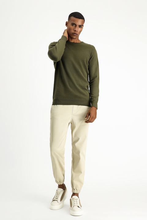 Medium Khaki Crew Neck Regular Fit Cotton Knit Sweater