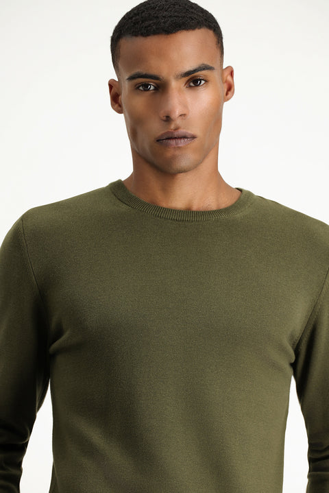 Medium Khaki Crew Neck Regular Fit Cotton Knit Sweater