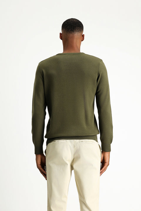 Medium Khaki Crew Neck Regular Fit Cotton Knit Sweater