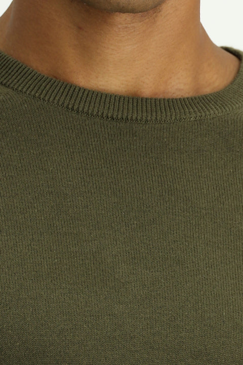 Medium Khaki Crew Neck Regular Fit Cotton Knit Sweater