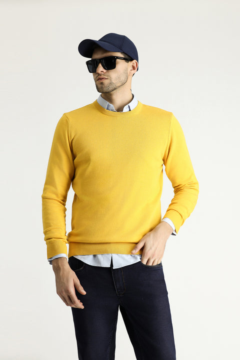 Dark Yellow Crew Neck Regular Fit Cotton Knit Sweater
