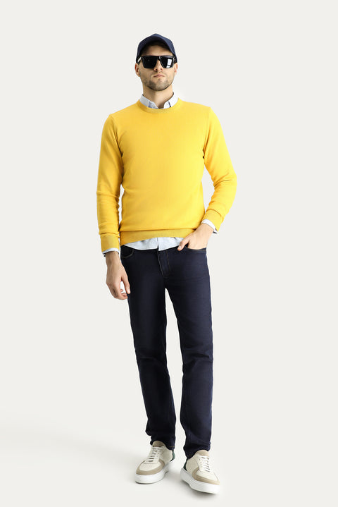 Dark Yellow Crew Neck Regular Fit Cotton Knit Sweater