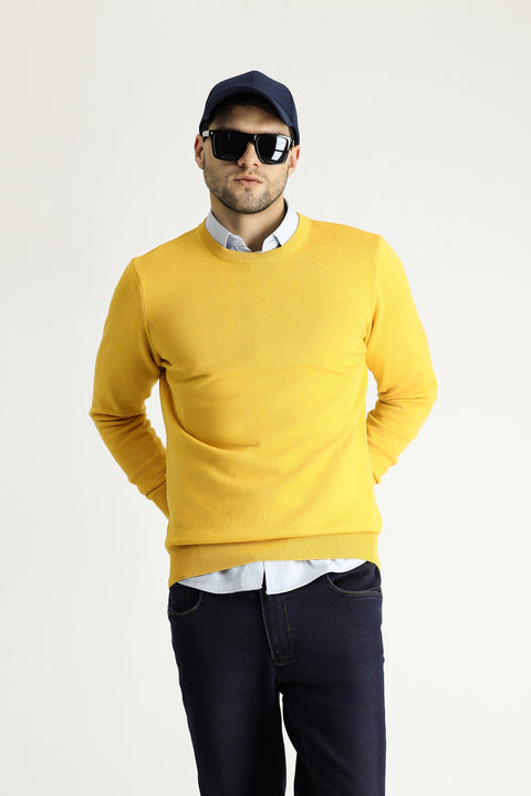 Dark Yellow Crew Neck Regular Fit Cotton Knit Sweater
