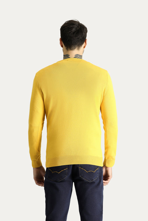 Dark Yellow Crew Neck Regular Fit Cotton Knit Sweater