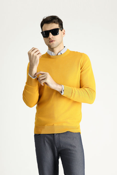 Mustard Yellow Crew Neck Regular Fit Cotton Knit Sweater