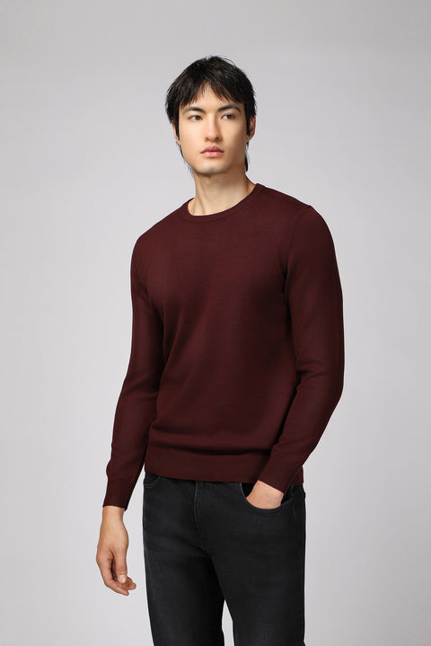 Dark Burgundy Crew Neck Regular Fit Cotton Knit Sweater