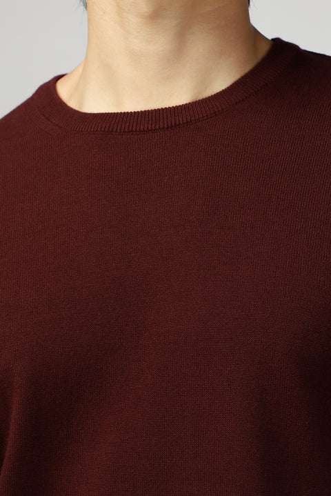Dark Burgundy Crew Neck Regular Fit Cotton Knit Sweater