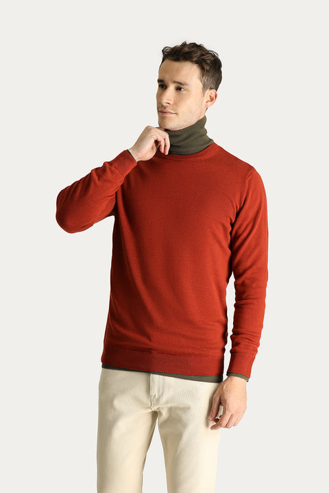 Tile-colored Crew Neck Regular Fit Cotton Knit Sweater