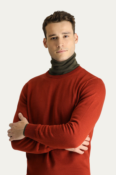 Tile-colored Crew Neck Regular Fit Cotton Knit Sweater