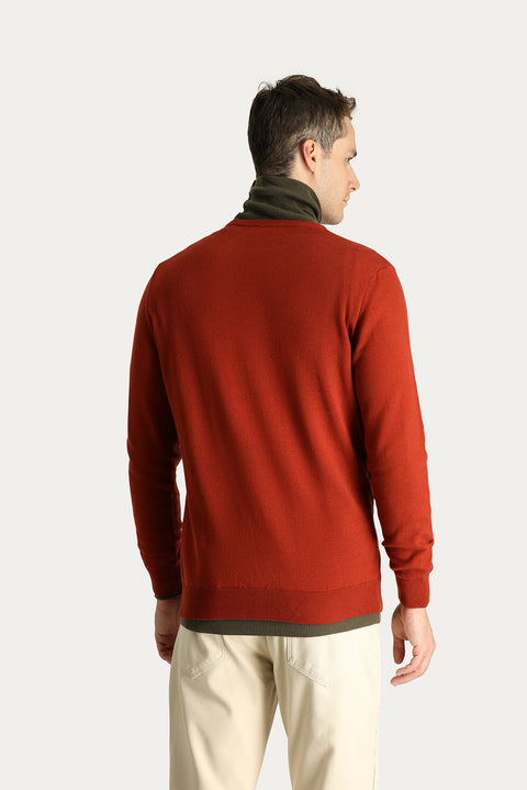 Tile-colored Crew Neck Regular Fit Cotton Knit Sweater
