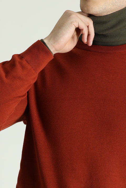 Tile-colored Crew Neck Regular Fit Cotton Knit Sweater
