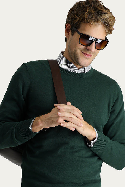Forest Green Crew Neck Regular Fit Cotton Knit Sweater