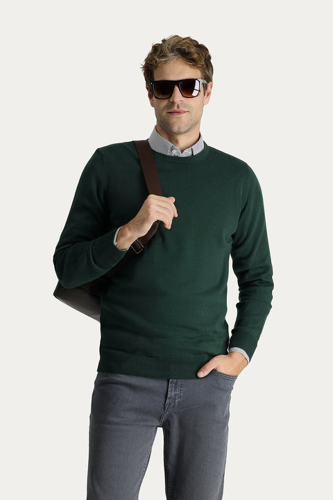 Forest Green Crew Neck Regular Fit Cotton Knit Sweater