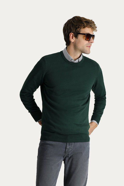 Forest Green Crew Neck Regular Fit Cotton Knit Sweater