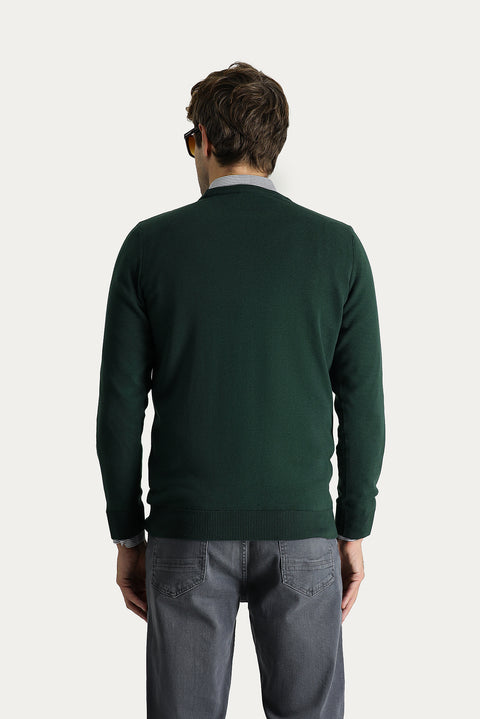 Forest Green Crew Neck Regular Fit Cotton Knit Sweater