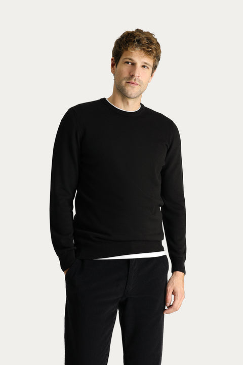Black Crew Neck Slim Fit Narrow Cut Cotton Knit Sweater