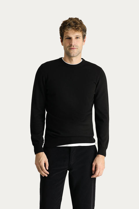 Black Crew Neck Slim Fit Narrow Cut Cotton Knit Sweater