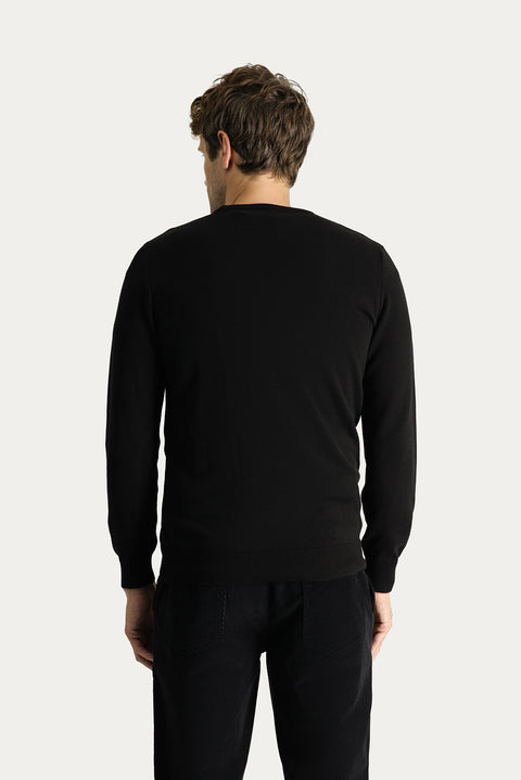 Black Crew Neck Slim Fit Narrow Cut Cotton Knit Sweater