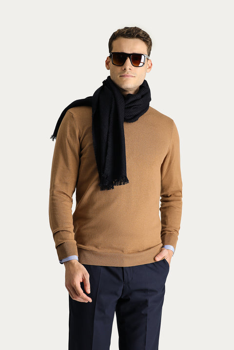 Camel Crew Neck Slim Fit Narrow Cut Cotton Knit Sweater