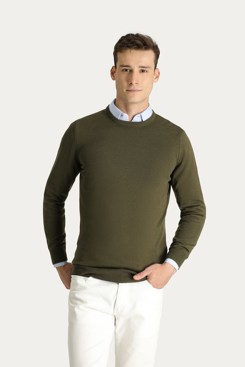 Orta Haki Bisiklet Yaka Slim Fit Dar Kesim Pamuklu Triko Kazak