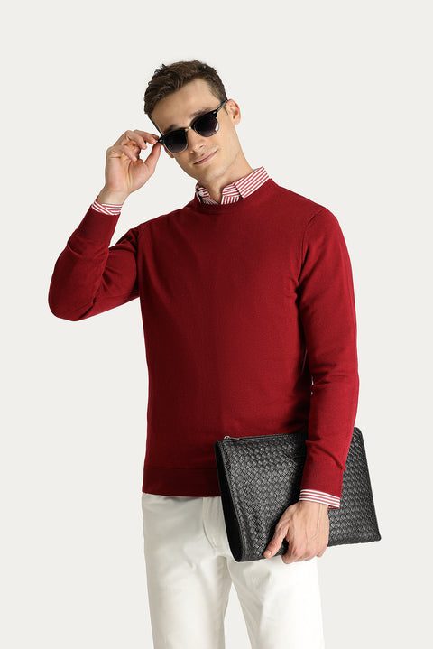 Koyu Kırmızı Bisiklet Yaka Slim Fit Dar Kesim Triko Kazak