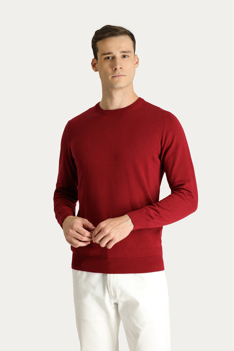 Koyu Kırmızı Bisiklet Yaka Slim Fit Dar Kesim Triko Kazak