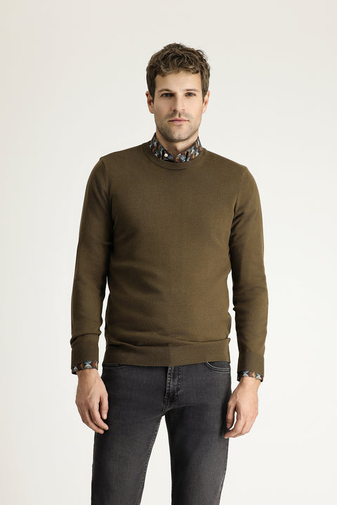 Koyu Vizon Bisiklet Yaka Slim Fit Dar Kesim Pamuklu Triko Kazak