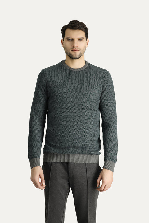 Orta Gri Bisiklet Yaka Slim Fit Desenli Triko Kazak
