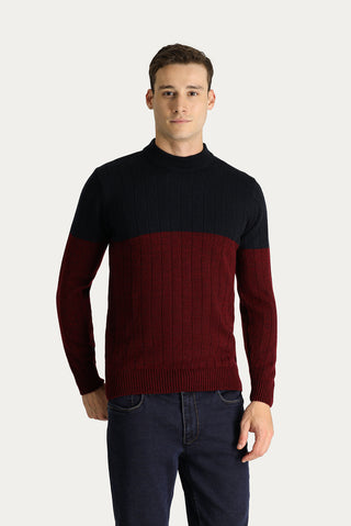 Koyu Lacivert Bisiklet Yaka Slim Fit Dar Kesim Desenli Triko Kazak