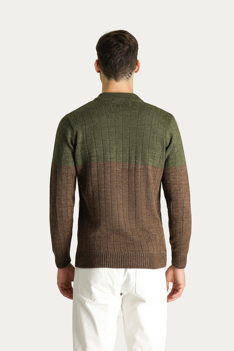 Medium Khaki Crew Neck Slim Fit Narrow Cut Patterned Knit Sweater
