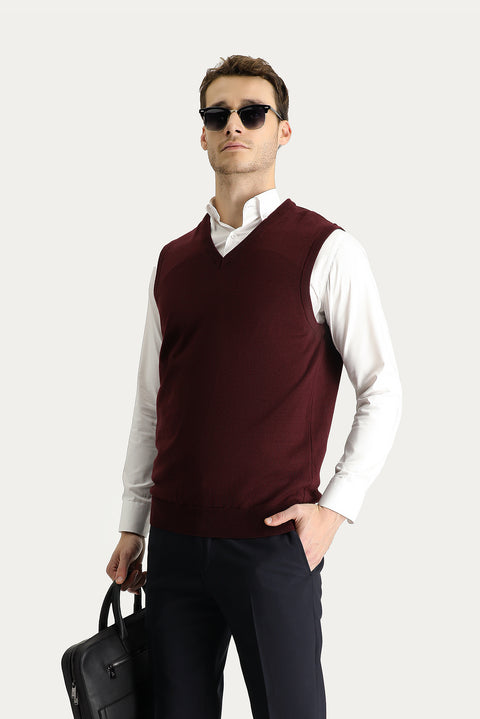 Dark Burgundy V-Neck Cotton Knit Sweater
