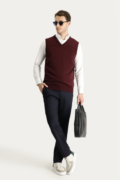 Dark Burgundy V-Neck Cotton Knit Sweater