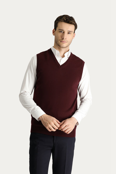Dark Burgundy V-Neck Cotton Knit Sweater