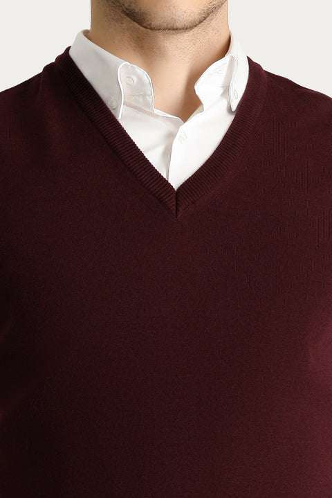 Dark Burgundy V-Neck Cotton Knit Sweater