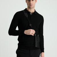 Black Polo Collar Slim Fit Narrow Cut Knit Sweater