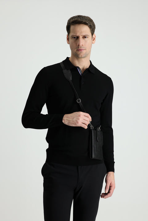 Black Polo Collar Slim Fit Narrow Cut Knit Sweater