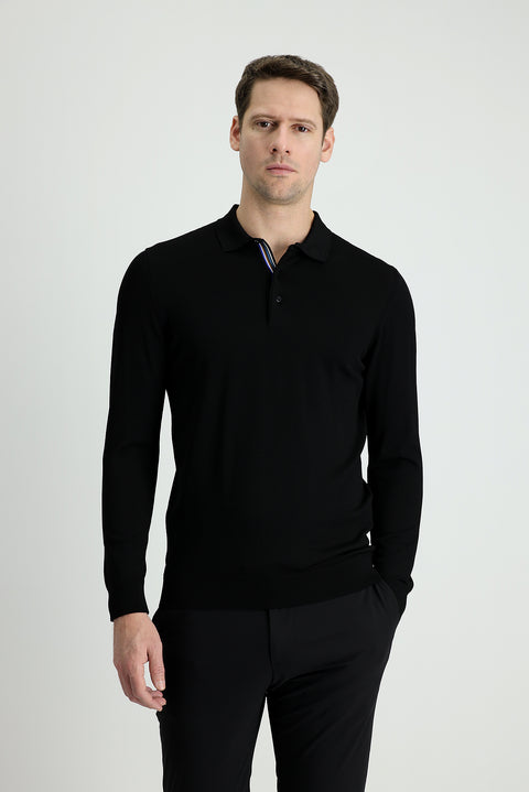 Black Polo Collar Slim Fit Narrow Cut Knit Sweater